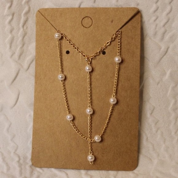 Dainty gold pearl drop chain double layer necklaces - Picture 3 of 4